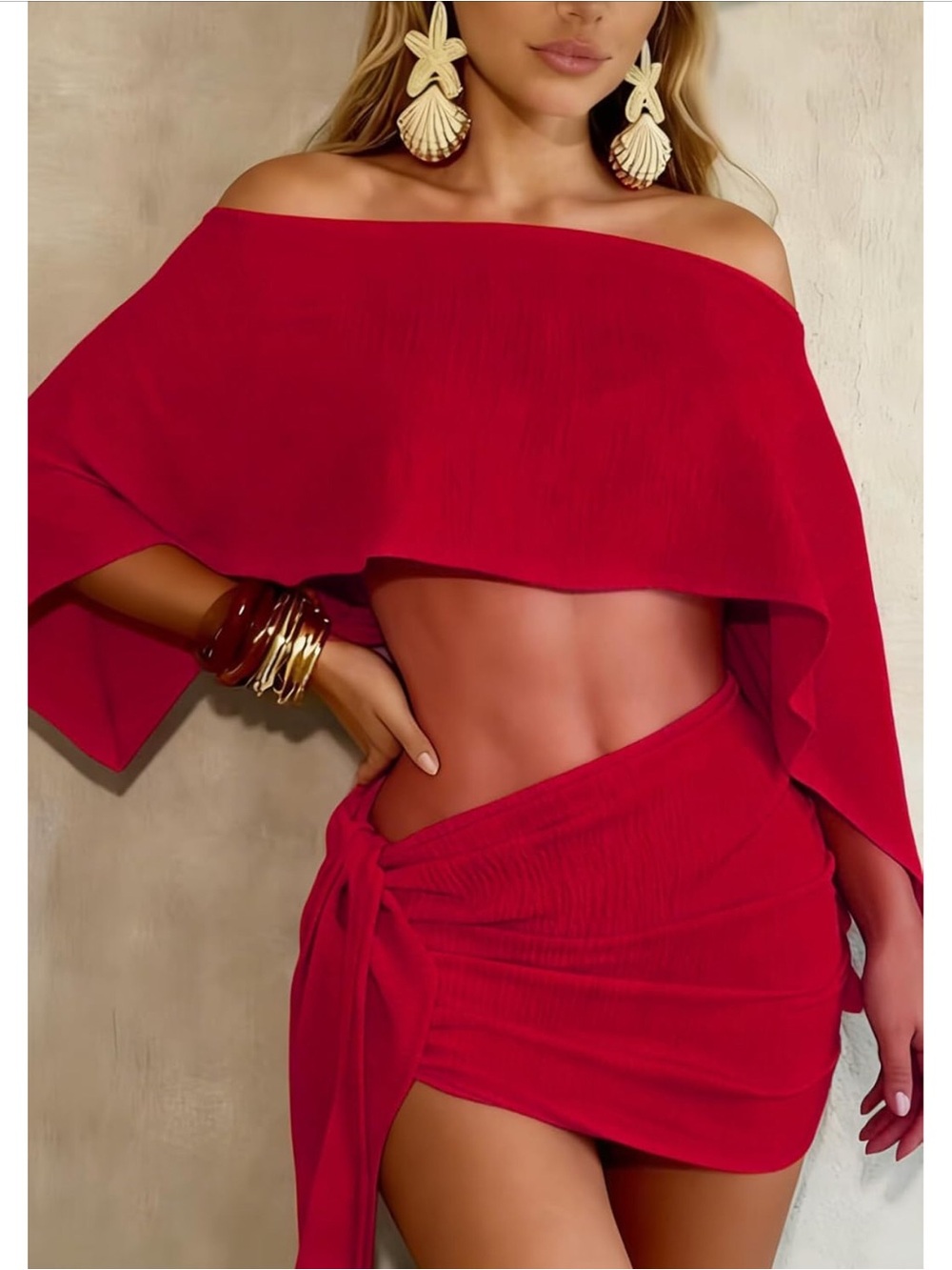 Off-Shoulder Red Two-Piece Mini Dress - Picture 3 of 3